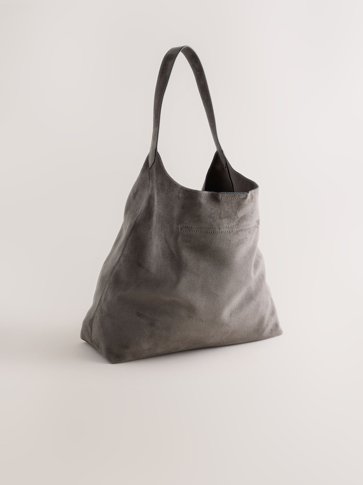 Grey Faux Suede Slouchy Shoulder Bag - Image 2 of 5