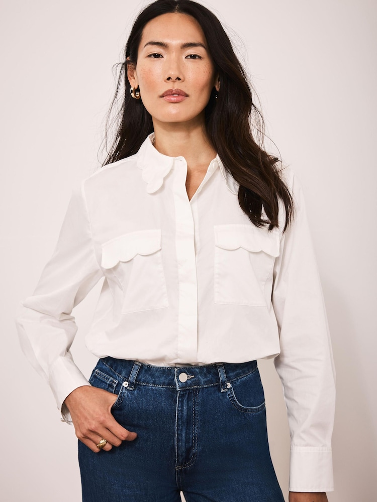 Mint Velvet White Cotton Scallop Detail Shirt - Image 2 of 7
