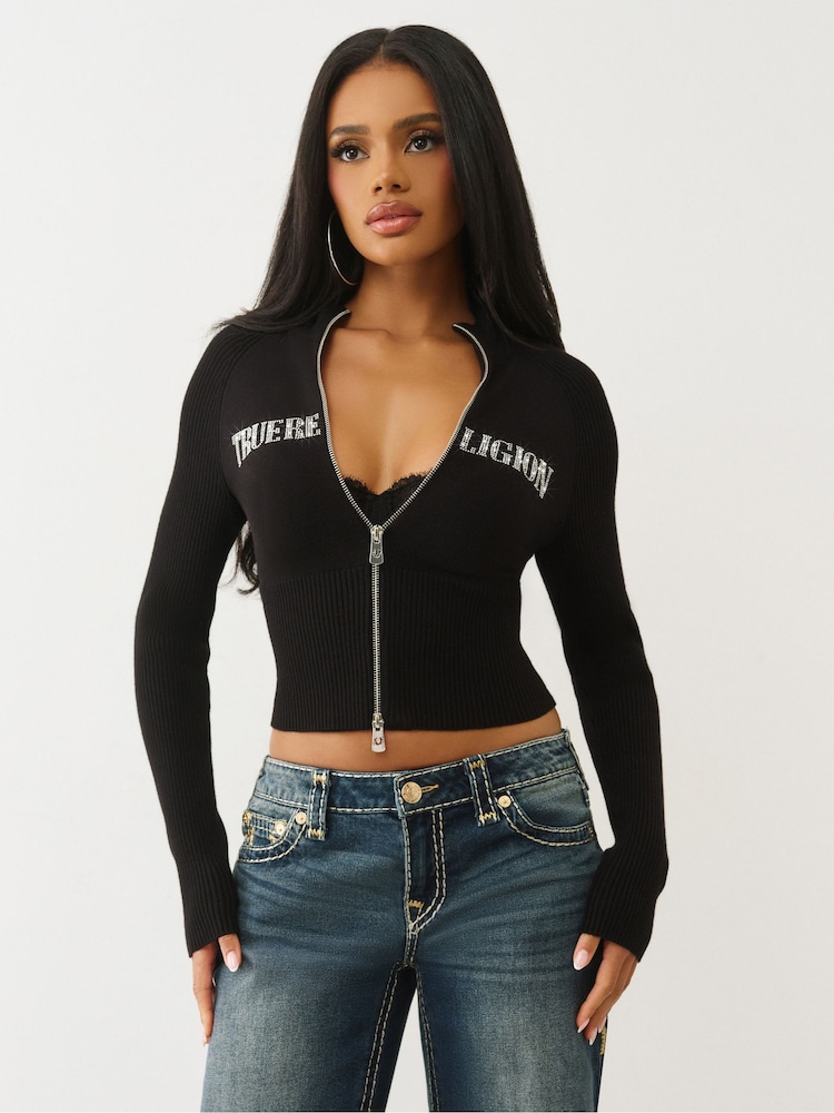 True Religion Black Crystal Turtleneck Zip Up Jacket - Image 1 of 5