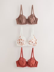 Cream Floral/Rust/Brown DD+ Non Padded Full Cup Bras 3 Pack - Image 1 of 12