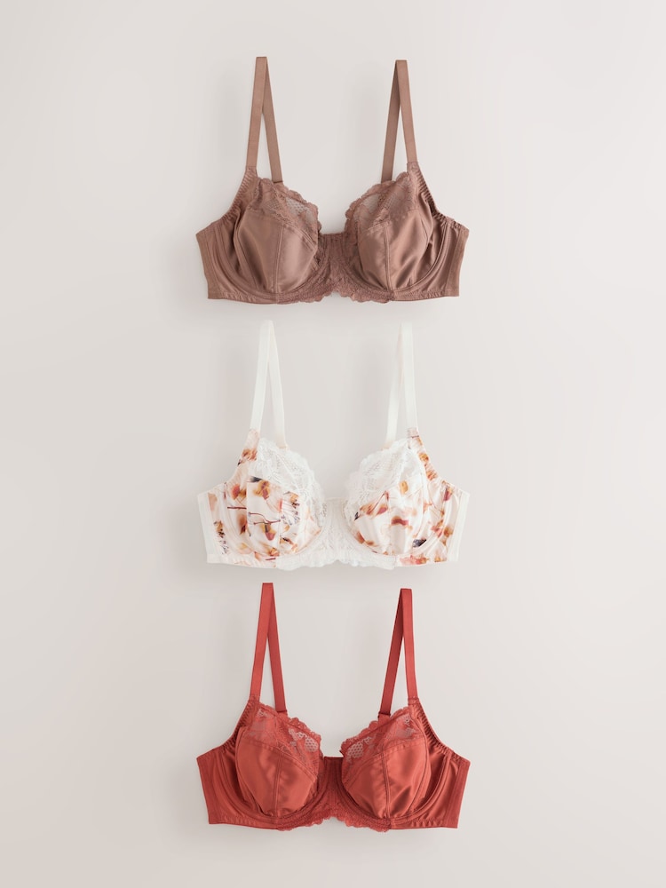 Cream Floral/Rust/Brown DD+ Non Padded Full Cup Bras 3 Pack - Image 1 of 12 Cream Floral/Rust/Brown DD+ Non Padded Full Cup Bras 3 Pack - Image 1 of 12