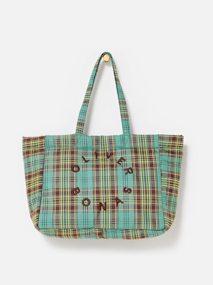 Oliver Bonas Green Mena Checked Logo Tote Shopper Bag - Image 1 of 7 Oliver Bonas Green Mena Checked Logo Tote Shopper Bag - Image 1 of 7