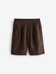 Brown Pleated Linen Blend Shorts - Image 1 of 1