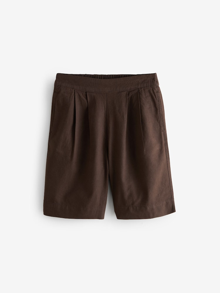 Brown Pleated Linen Blend Shorts - Image 1 of 1 Brown Pleated Linen Blend Shorts - Image 1 of 1