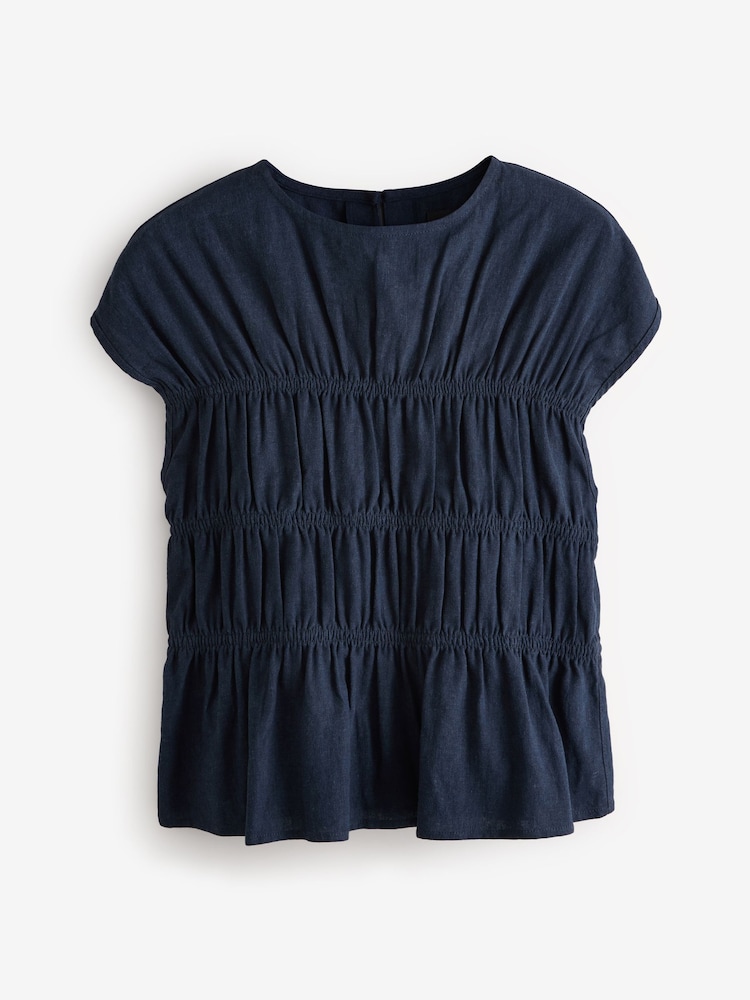 Navy Blue Short Sleeve Linen Blouse - Image 1 of 1 Navy Blue Short Sleeve Linen Blouse - Image 1 of 1