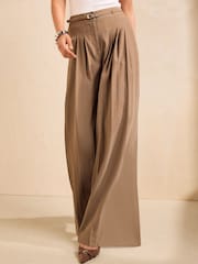 Mokkabraun - Friends Like These Belted Pleat Wide Leg Trousers - Bild 4 von 6