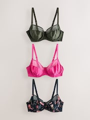 Itim na Bulaklakin/Pink/Berde - DD+ Non Padded Full Cup Bras 3 Pack na may Suporta sa Gilid - Larawan 1 ng 7