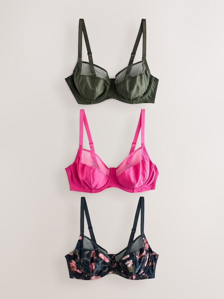 Itim na Bulaklakin/Pink/Berde - DD+ Non Padded Full Cup Bras 3 Pack na may Suporta sa Gilid - Larawan 1 ng 7 Itim na Bulaklakin/Pink/Berde - DD+ Non Padded Full Cup Bras 3 Pack na may Suporta sa Gilid - Larawan 1 ng 7