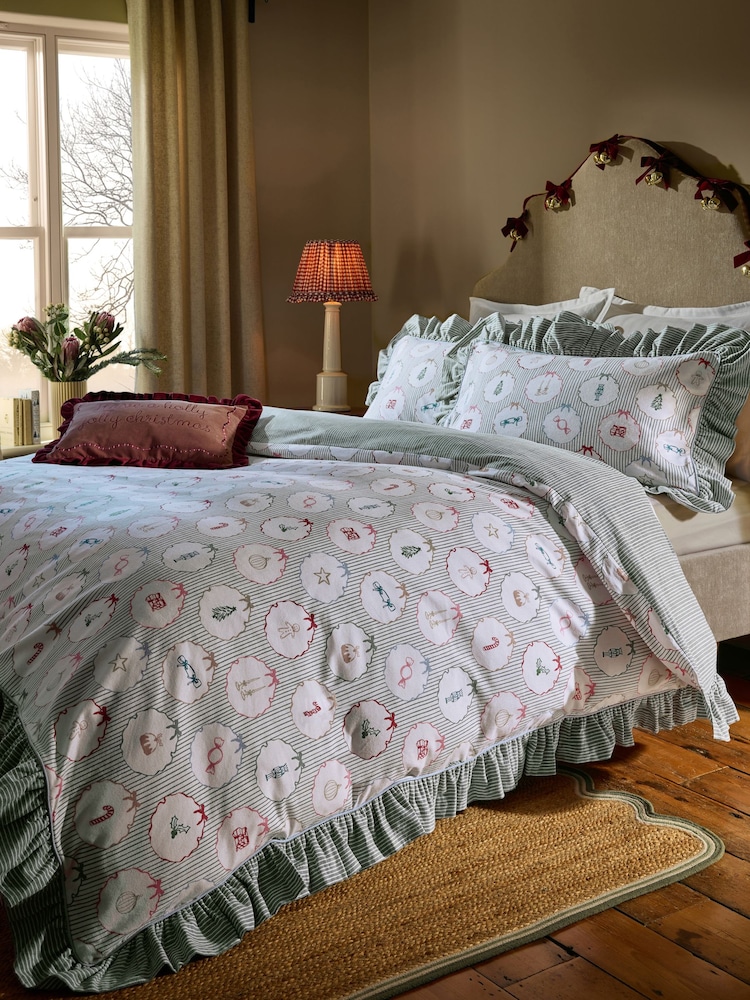 Green Christmas Decorator Icons Brushed Cotton Duvet Cover and Pillowcase Set - Image 1 of 4 Green Christmas Decorator Icons Brushed Cotton Duvet Cover and Pillowcase Set - Image 1 of 4