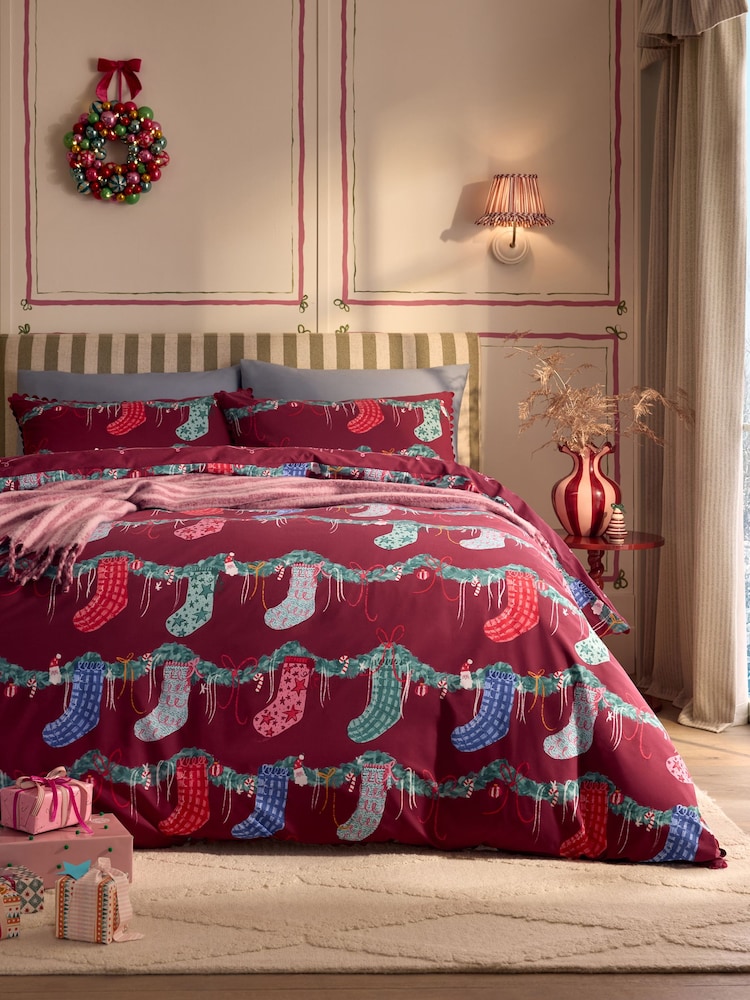 Red Stockings Christmas Reversible Duvet Cover and Pillowcase Set - Image 1 of 6 Red Stockings Christmas Reversible Duvet Cover and Pillowcase Set - Image 1 of 6