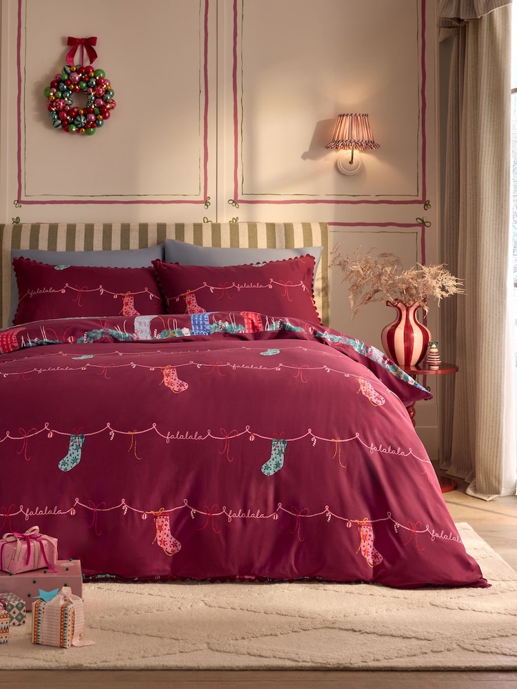 Red Stockings Christmas Reversible Duvet Cover and Pillowcase Set - Image 2 of 6 Red Stockings Christmas Reversible Duvet Cover and Pillowcase Set - Image 2 of 6