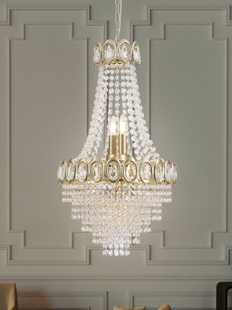 Searchlight Satin Brass and Clear 6 Light Crystal Chandelier - Image 1 of 5