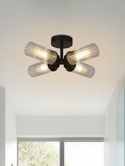 Searchlight Black 4 Light Ribbed Glass Flush - Image 1 of 4