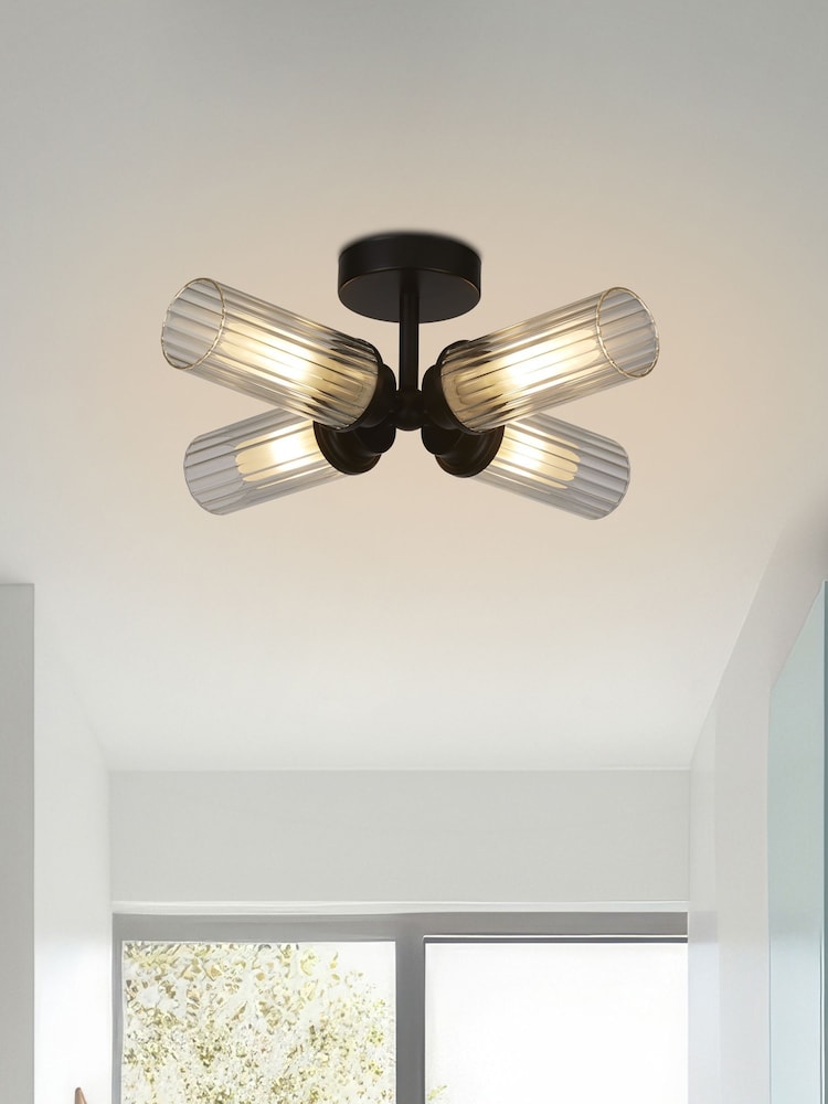 Searchlight Black 4 Light Ribbed Glass Flush - Image 1 of 4