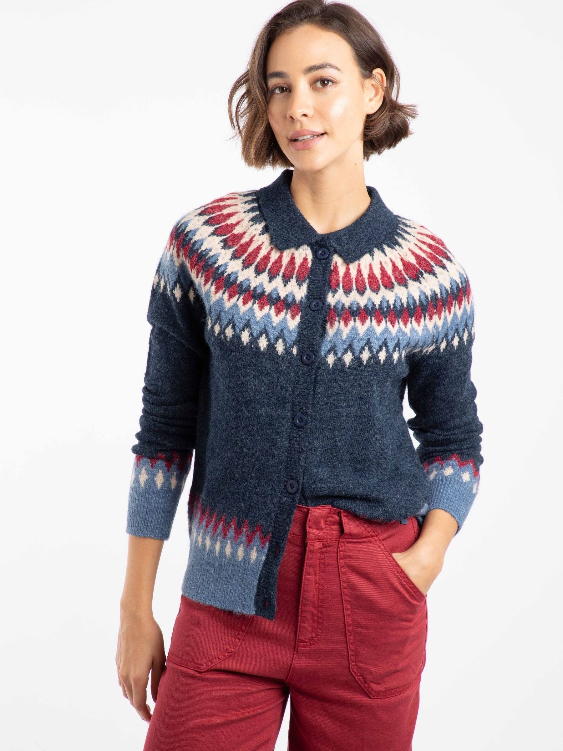 Buy Weird Fish Blue Jelena Fairisle Pattern Collar Cardigan from