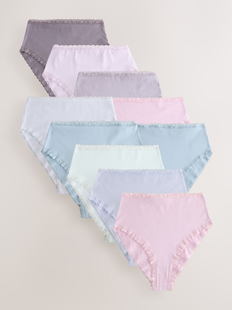 Purple/Green/Blue/Pink High Waist High Leg Cotton and Lace Knickers 10 Pack - Image 1 of 17