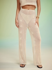 Ecru Floral Knit Wide Leg Trousers - Image 4 of 9