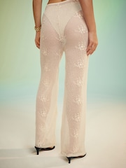 Ecru Floral Knit Wide Leg Trousers - Image 5 of 9