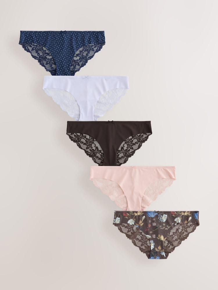Floral/Spot Brazilian Lace Back No VPL Invisible Knickers 5 Pack - Image 1 of 12 Floral/Spot Brazilian Lace Back No VPL Invisible Knickers 5 Pack - Image 1 of 12