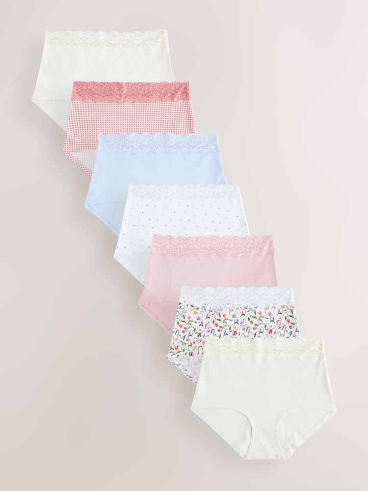Pink/Cream Full Brief Cotton and Lace Knickers 7 Pack - Image 1 of 13 Pink/Cream Full Brief Cotton and Lace Knickers 7 Pack - Image 1 of 13