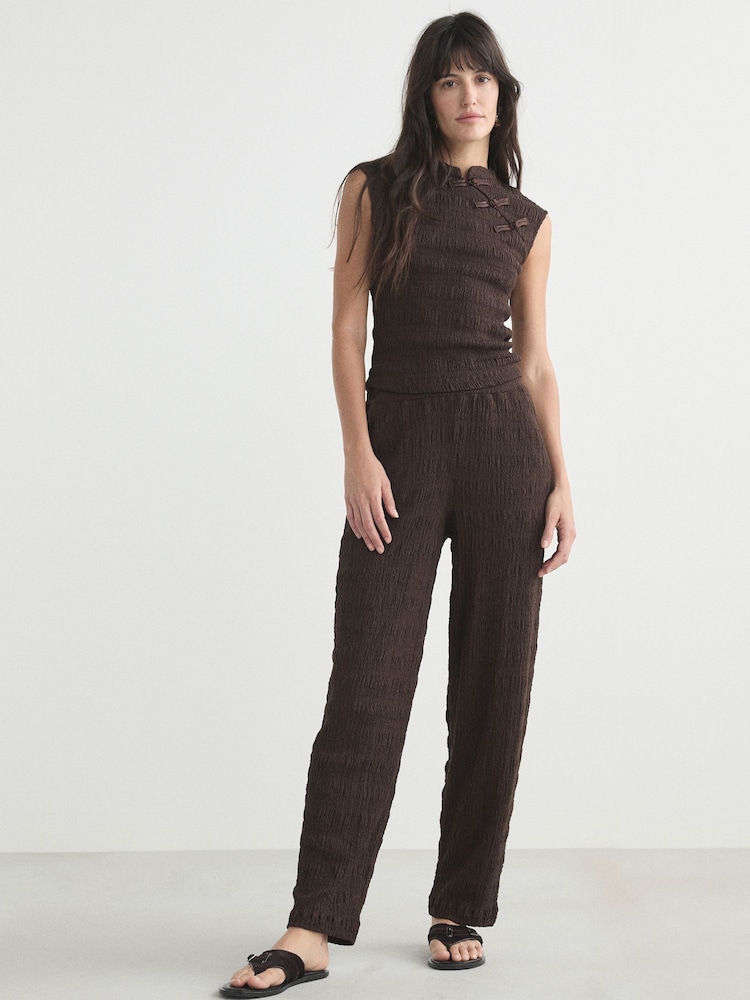 Chocolate Brown Textured Barrel Leg Trousers - Image 2 of 8 Chocolate Brown Textured Barrel Leg Trousers - Image 2 of 8