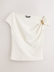Ecru Slinky Soft Touch Asymmetric Hardware Short Sleeve Top - Image 5 of 7