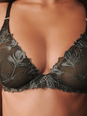 Charcoal Grey Non Padded Plunge N.Premium Swiss Designed Embroidered Bra - Image 5 of 6