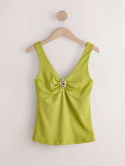 Olive Green Soft Touch Slinky Sleeveless Hardware V-Neck Top - Image 5 of 7