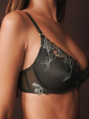 Charcoal Grey Padded Plunge N.Premium Swiss Designed Embroidered Mesh Bra - Image 4 of 7