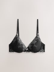 Charcoal Grey Padded Plunge N.Premium Swiss Designed Embroidered Mesh Bra - Image 5 of 7