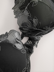 Charcoal Grey Padded Plunge N.Premium Swiss Designed Embroidered Mesh Bra - Image 6 of 7