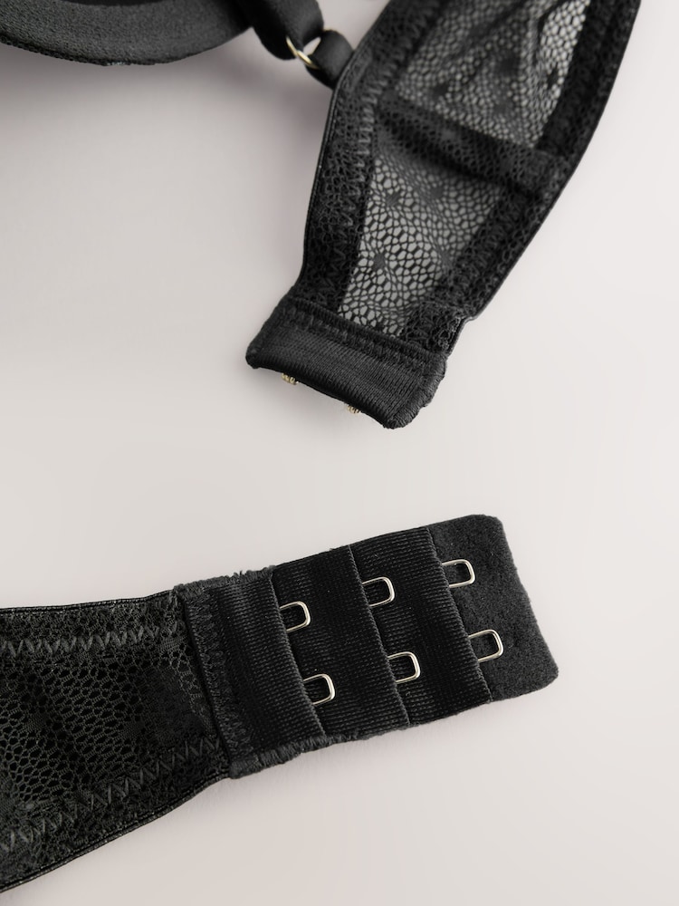 Charcoal Grey Padded Plunge N.Premium Swiss Designed Embroidered Mesh Bra - Image 7 of 7