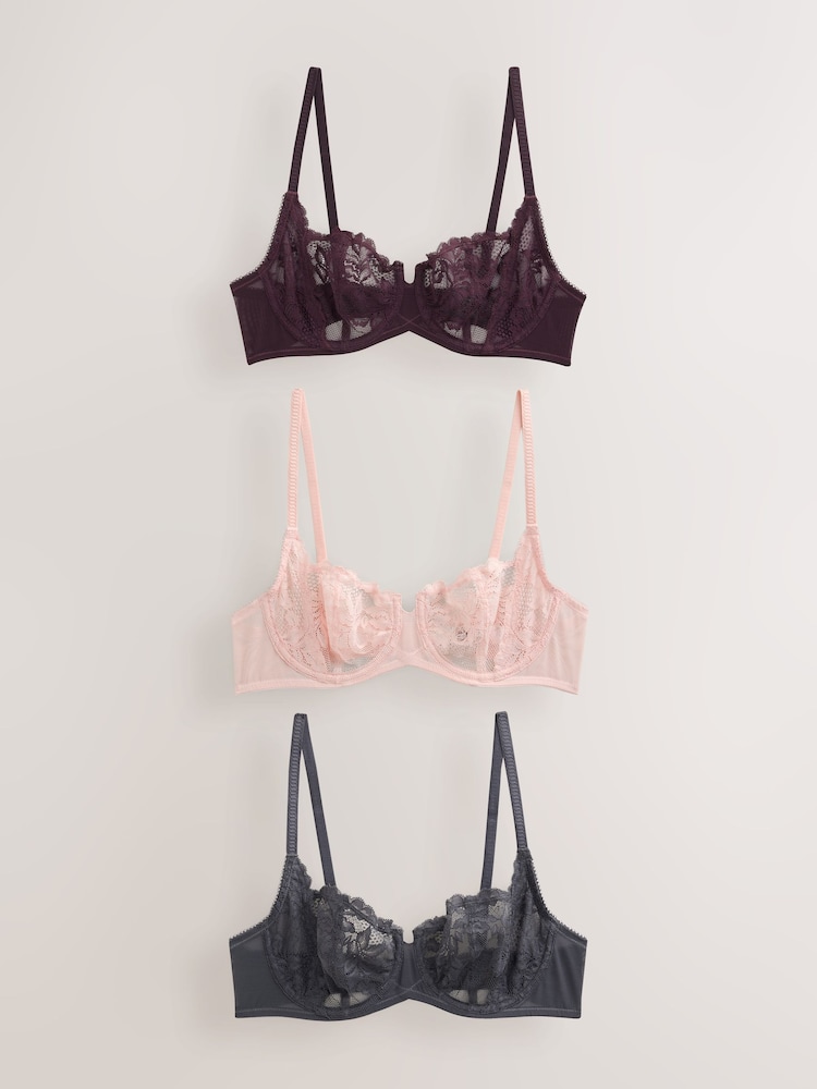 Grey/Pink/Plum Non Padded Balcony Lace Bras 3 Pack (E76841) - Image 1 of 11 Grey/Pink/Plum Non Padded Balcony Lace Bras 3 Pack (E76841) - Image 1 of 11