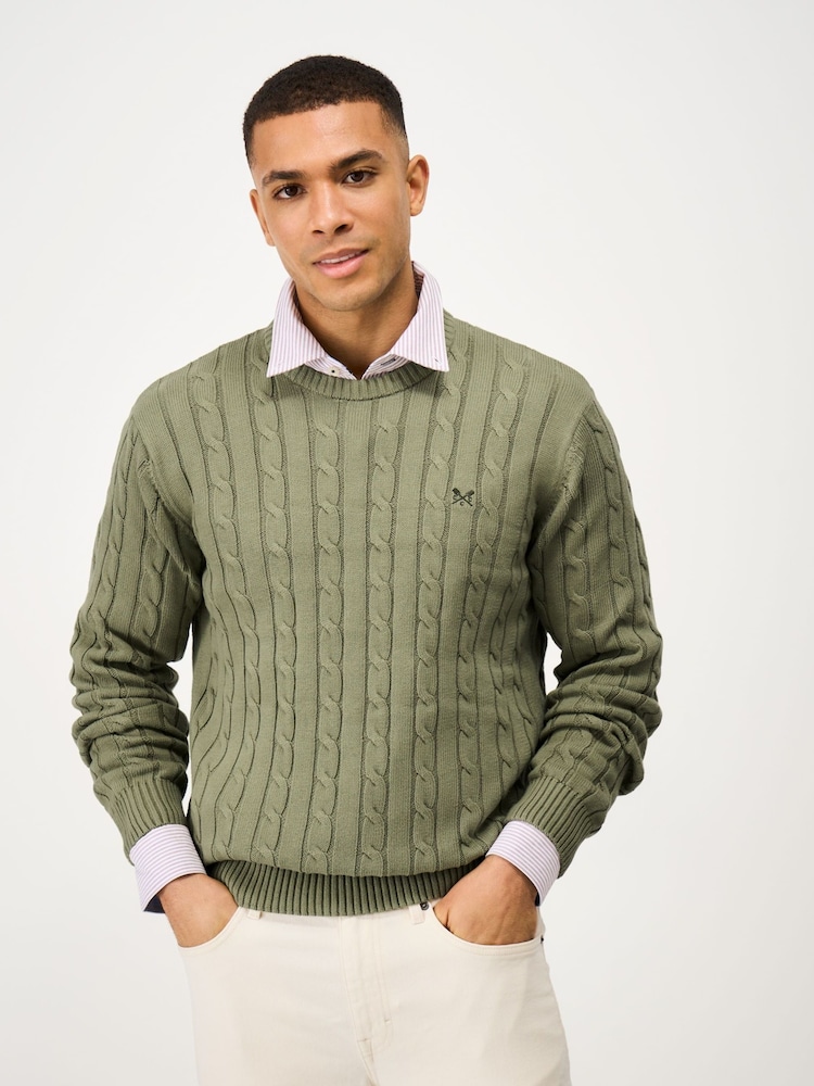 Crew Clothing Company Green Oarsman Cable Knit Crew Neck Jumper - Image 1 of 5