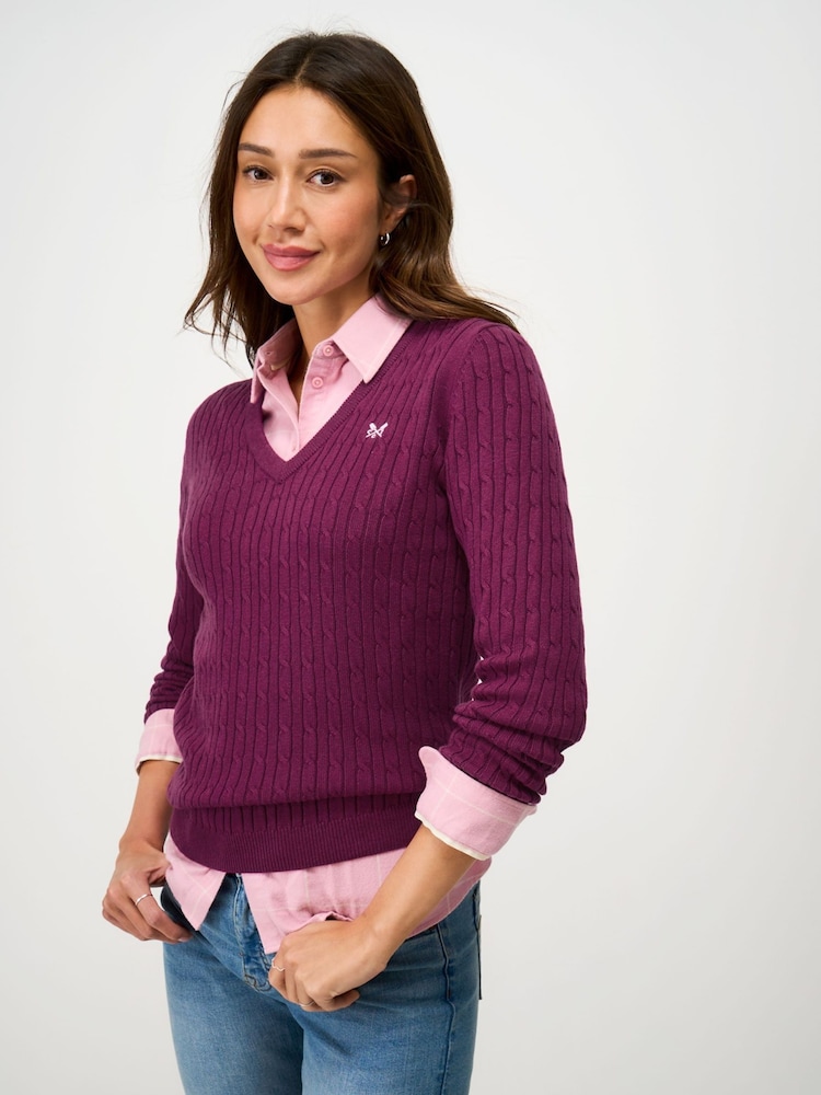 Crew Clothing Company Red Heritage V-Neck Cable Jumper - Image 1 of 5