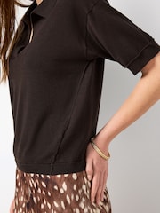Chocolate Brown Cotton Rich Soft Touch Knitted Polo Top - Image 5 of 8