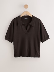 Chocolate Brown Cotton Rich Soft Touch Knitted Polo Top - Image 6 of 8