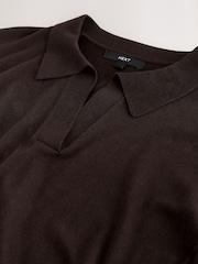 Chocolate Brown Cotton Rich Soft Touch Knitted Polo Top - Image 8 of 8