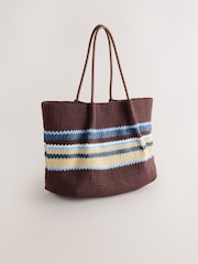 Chocolate Brown Crochet Effect Striped Shoulder Bag - Image 1 of 5