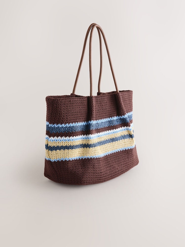 Chocolate Brown Crochet Effect Striped Shoulder Bag - Image 2 of 5 Chocolate Brown Crochet Effect Striped Shoulder Bag - Image 2 of 5
