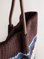 Chocolate Brown Crochet Effect Striped Shoulder Bag - Image 3 of 5