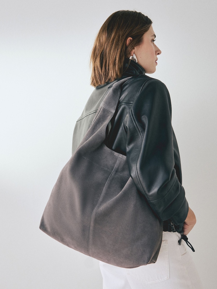 Grey Leather Slouchy Shoulder Bag - Image 1 of 8 Grey Leather Slouchy Shoulder Bag - Image 1 of 8