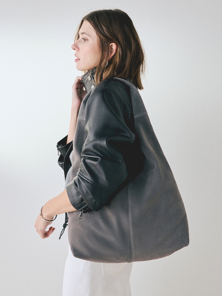 Grey Leather Slouchy Shoulder Bag - Image 2 of 8 Grey Leather Slouchy Shoulder Bag - Image 2 of 8