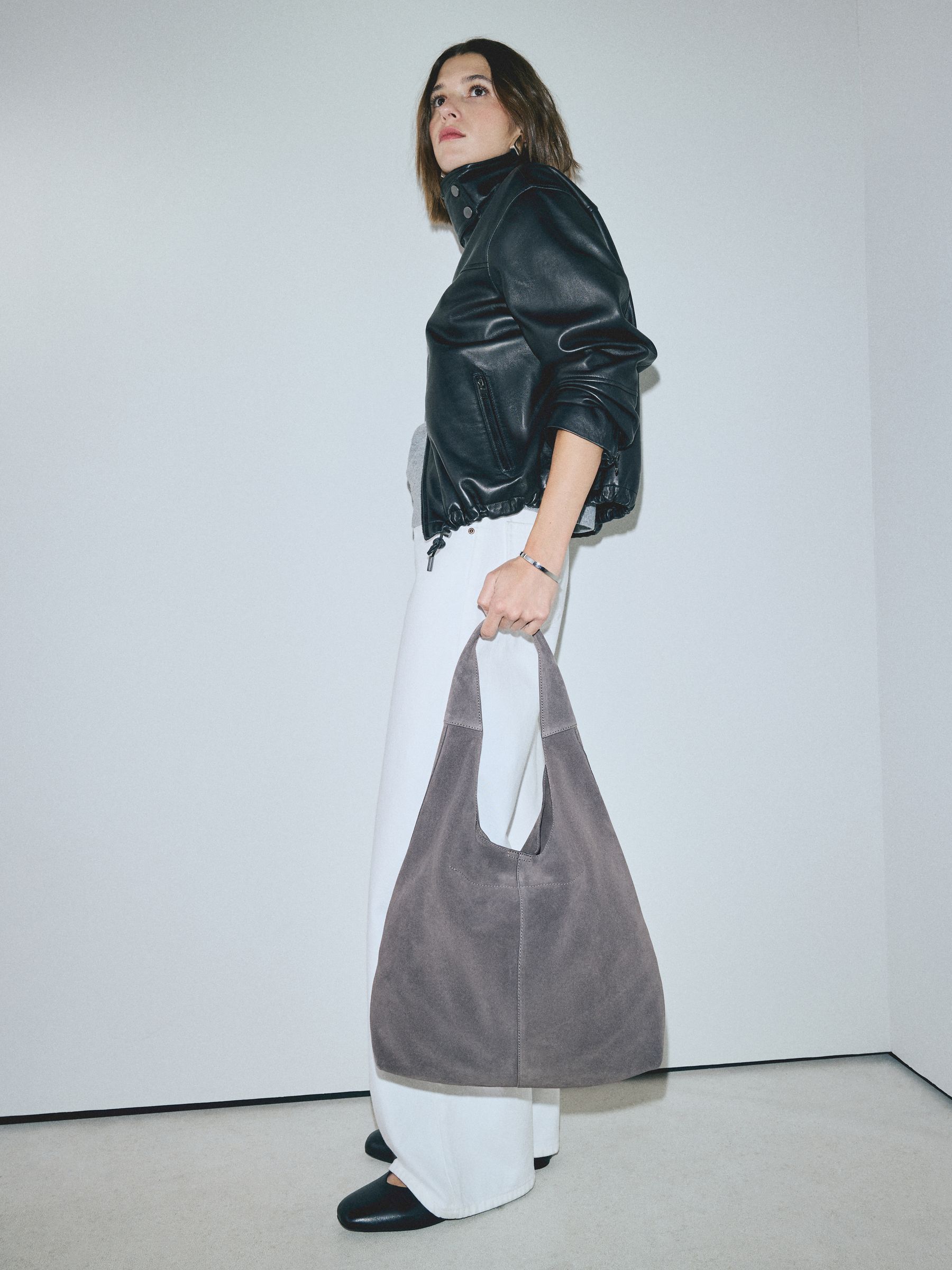 Buy Grey Leather Slouchy Shoulder Bag from Next Romania