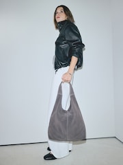 Grey Leather Slouchy Shoulder Bag - Image 4 of 8