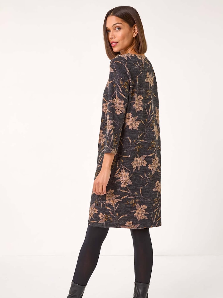 Roman Grey Floral Print Pocket Shift Stretch Dress - Image 2 of 5 Roman Grey Floral Print Pocket Shift Stretch Dress - Image 2 of 5