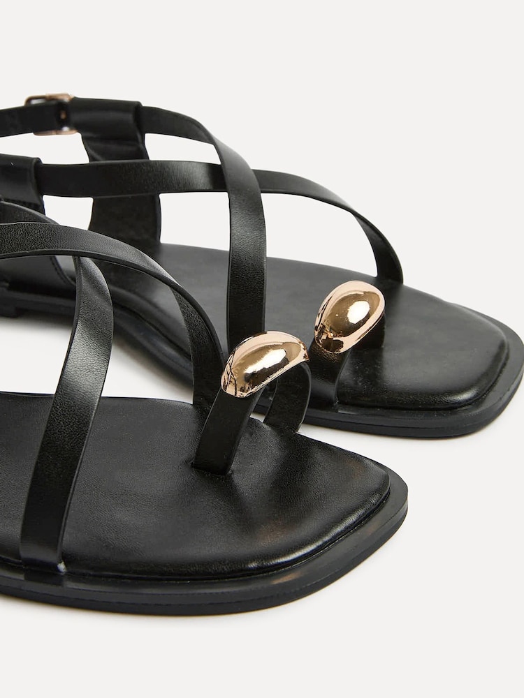 Linzi Black Mist Strappy Flat Sandals With Toe Ring - Image 5 of 5