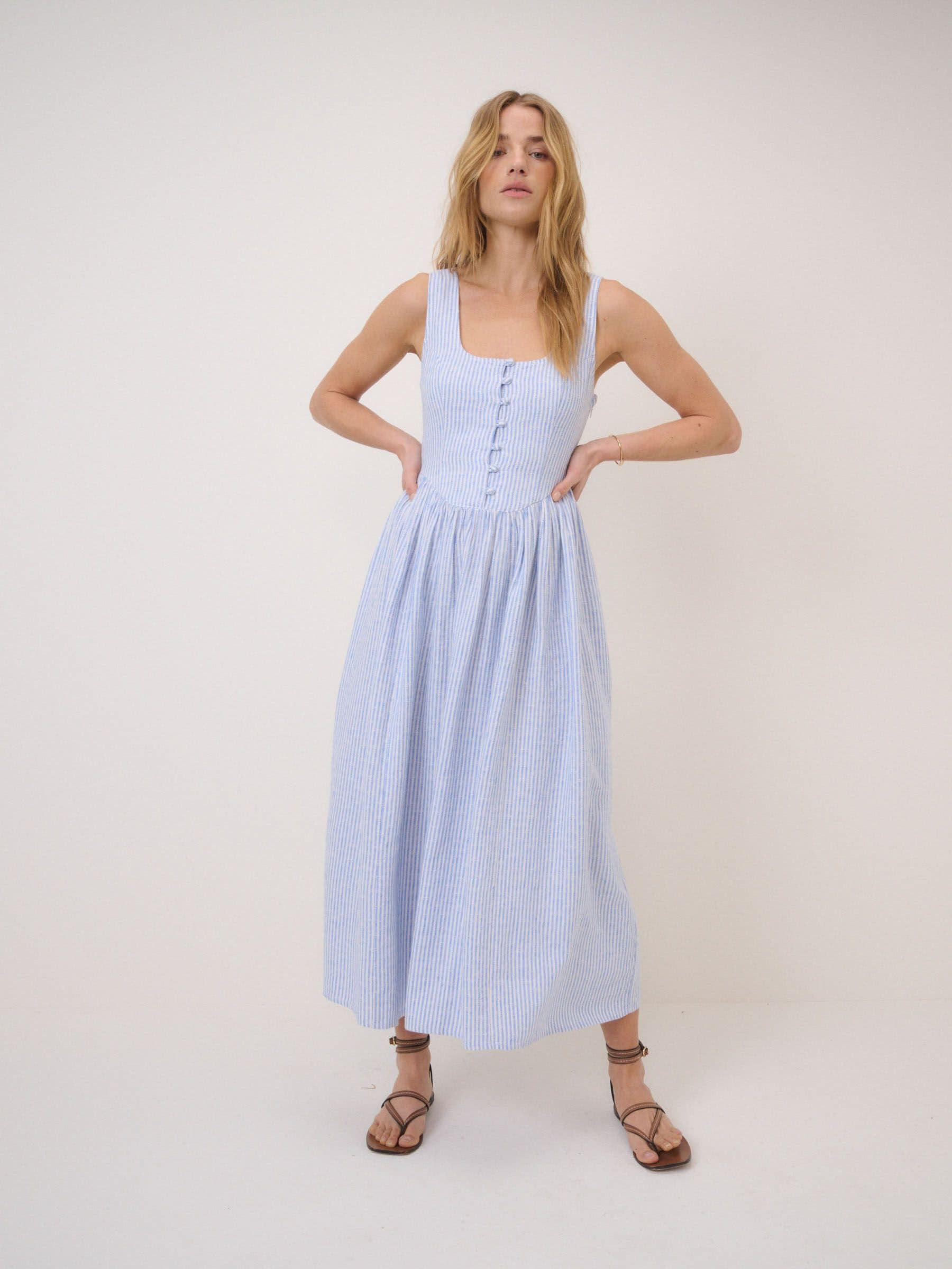 Buy Nobodys Child Blue Stripe Cora Square Neck A-Line Midi Dress