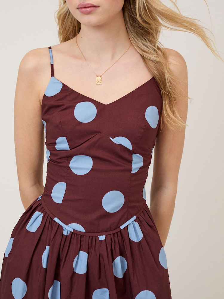 Nobodys Child Brown and Blue Polka Dot Renley Strappy Drop Waist Midi Dress - Image 6 of 6