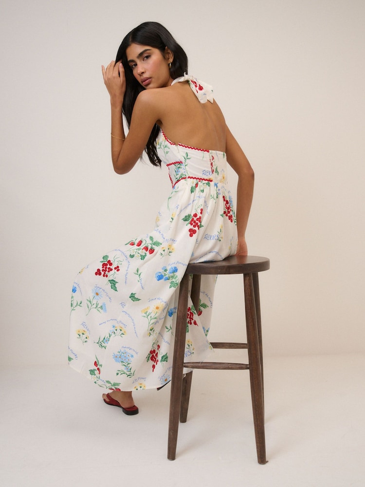 Nobody's Child Hallie Linen Blend Floral Print Halter Scoop Neck Midi Dress, Womens, 6, White
